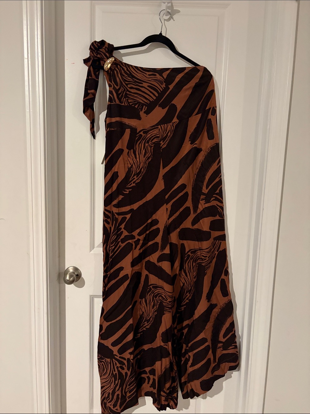 Anthropologie One-Shoulder Brown and Black Animal-Print Jumpsuit